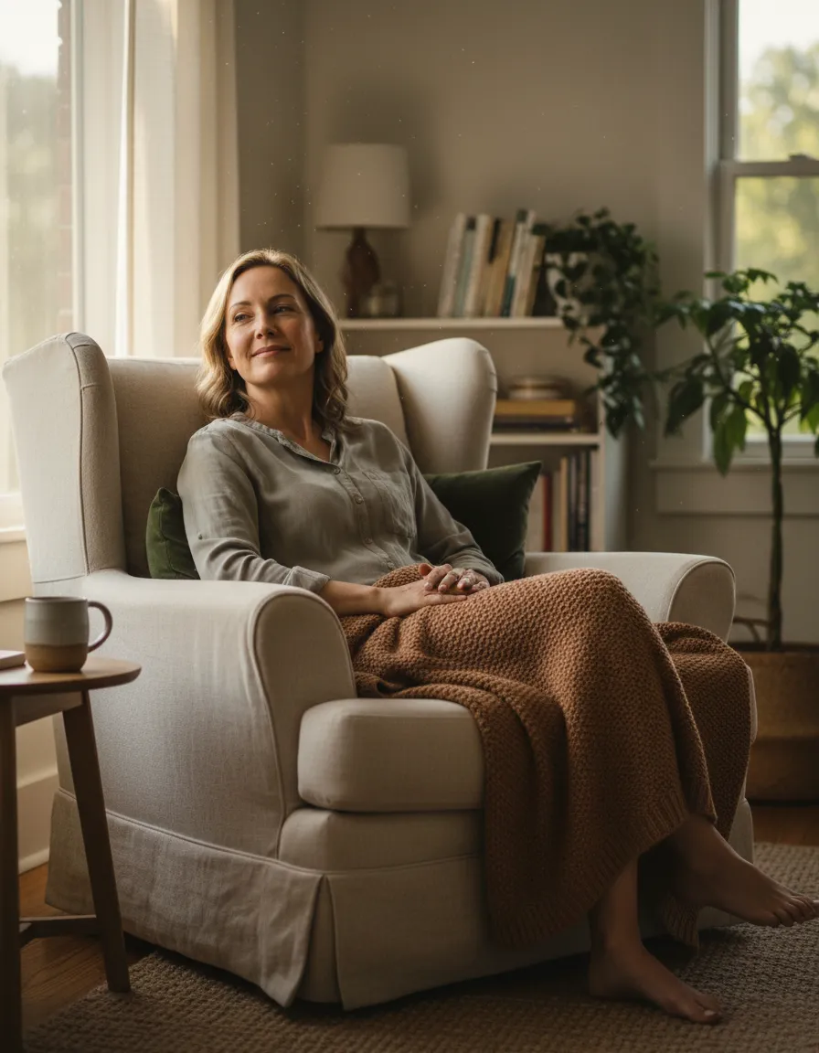 A caregiver relaxing comfortably in a sunlit chair by a window