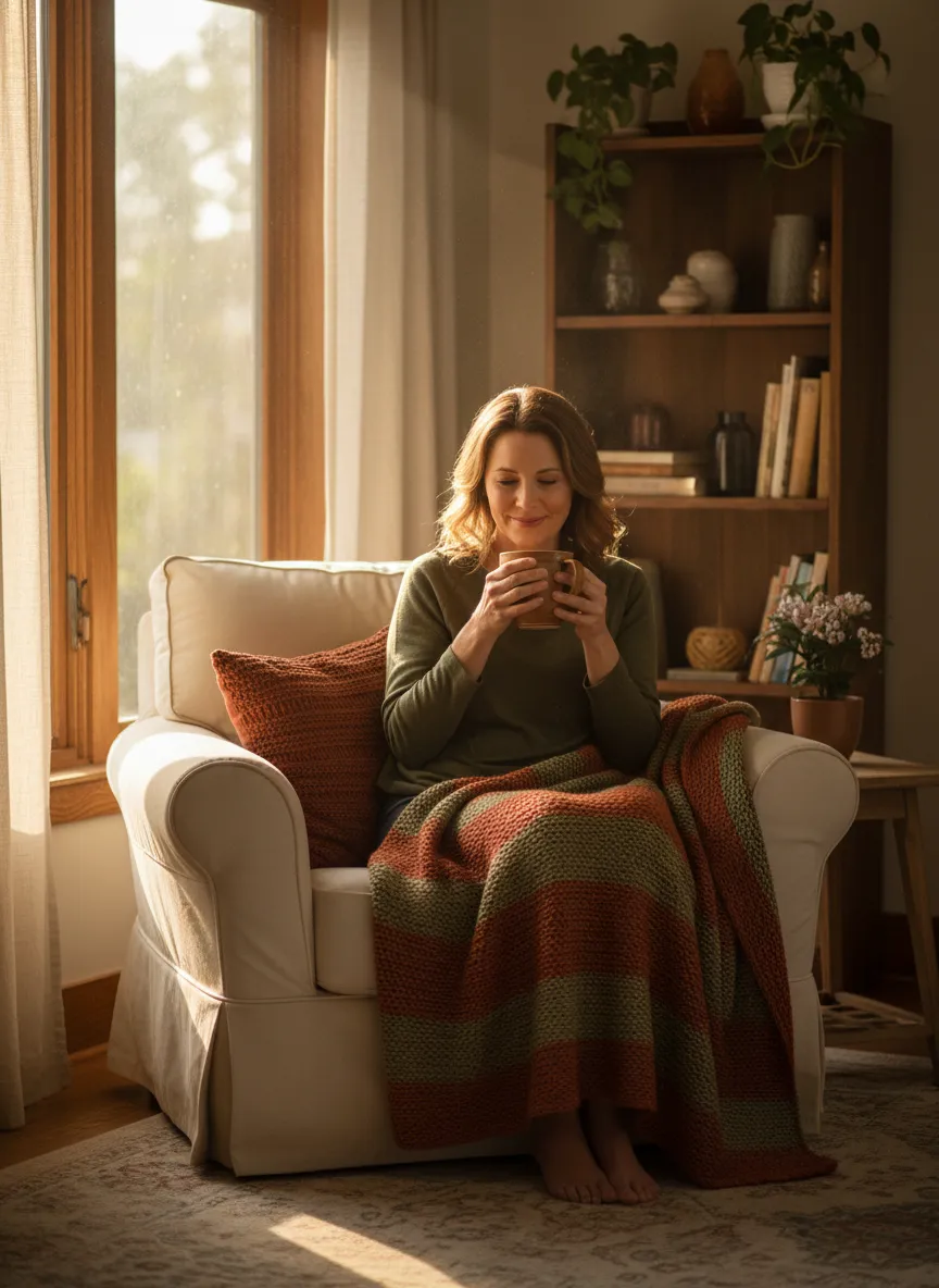 A caregiver sitting by a window, taking a quiet moment of rest with a warm cup.