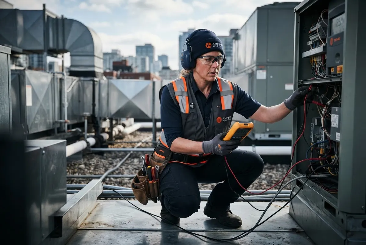 Tradesperson in safety gear with diagnostic tools working on an active commercial installation site
