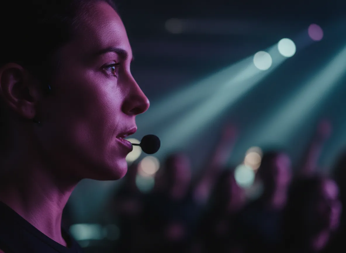 Instructor mid-cue, speaking to the crowd