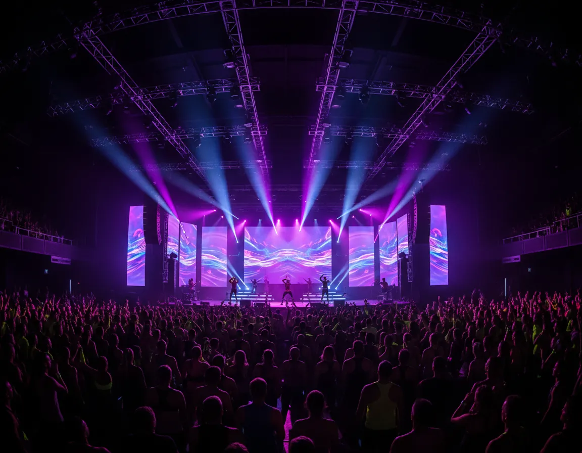 Wide shot of premium FitRave venue with lighting and LED screens