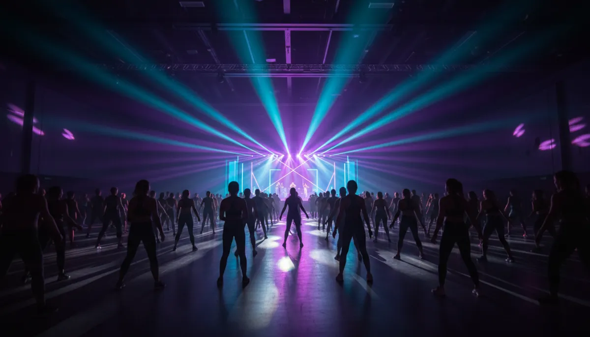Wide cinematic fitness event shot with lights and crowd