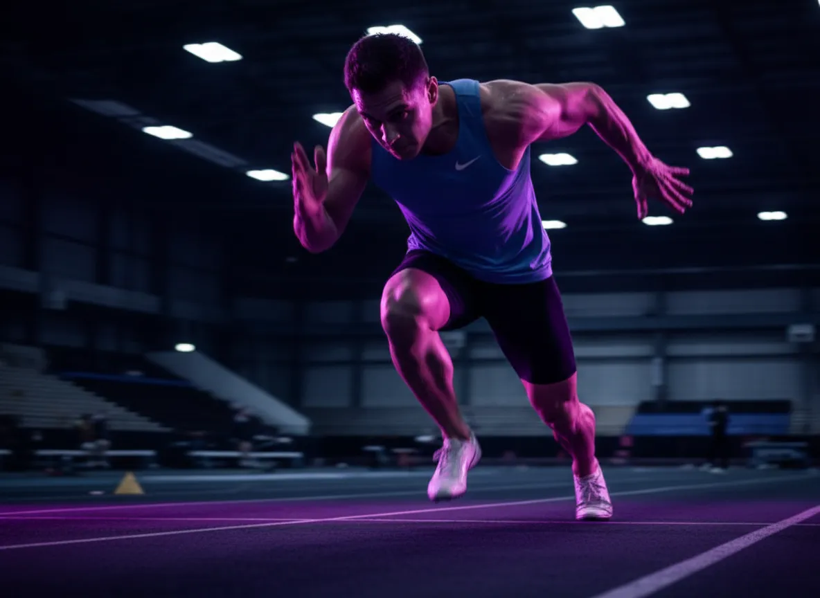 Close-up of athlete mid-sprint with sweat and motion blur