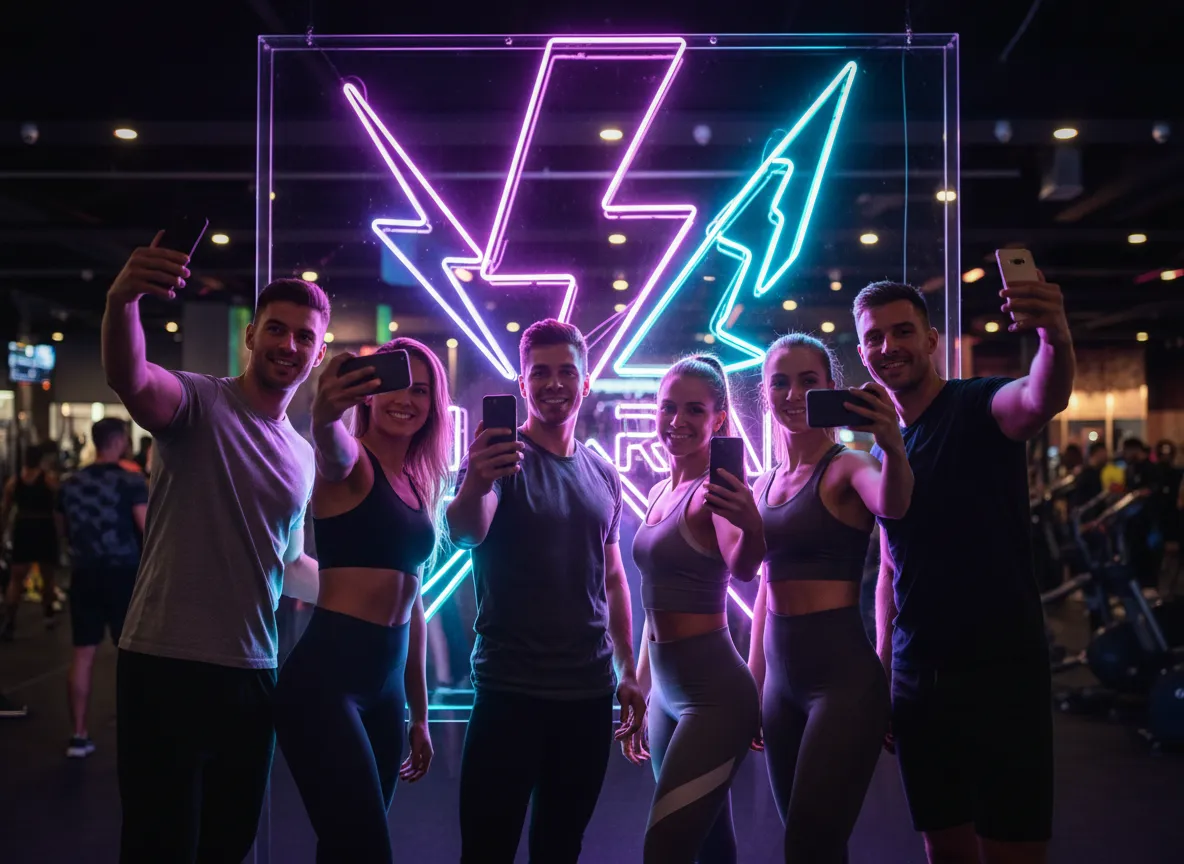 Group of friends taking photo under neon FitRave sign