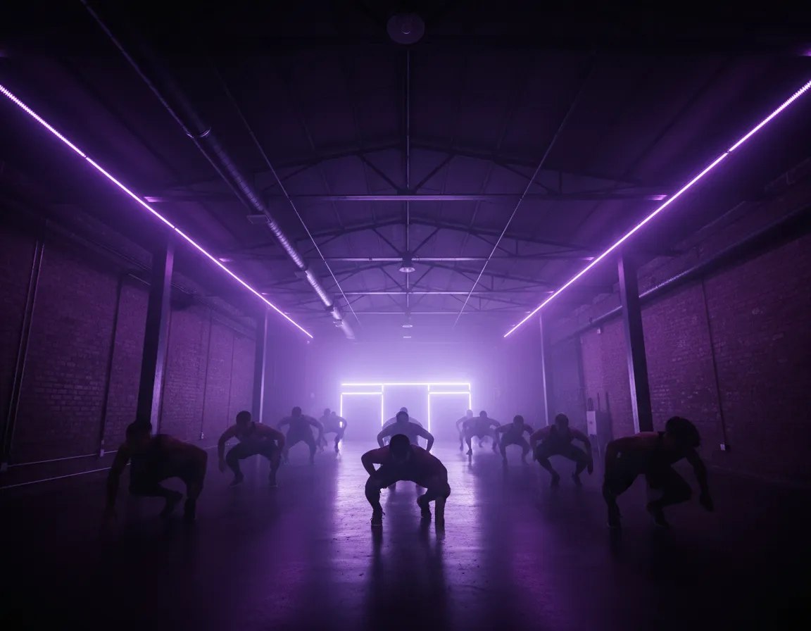 Warehouse fitness event with purple lighting