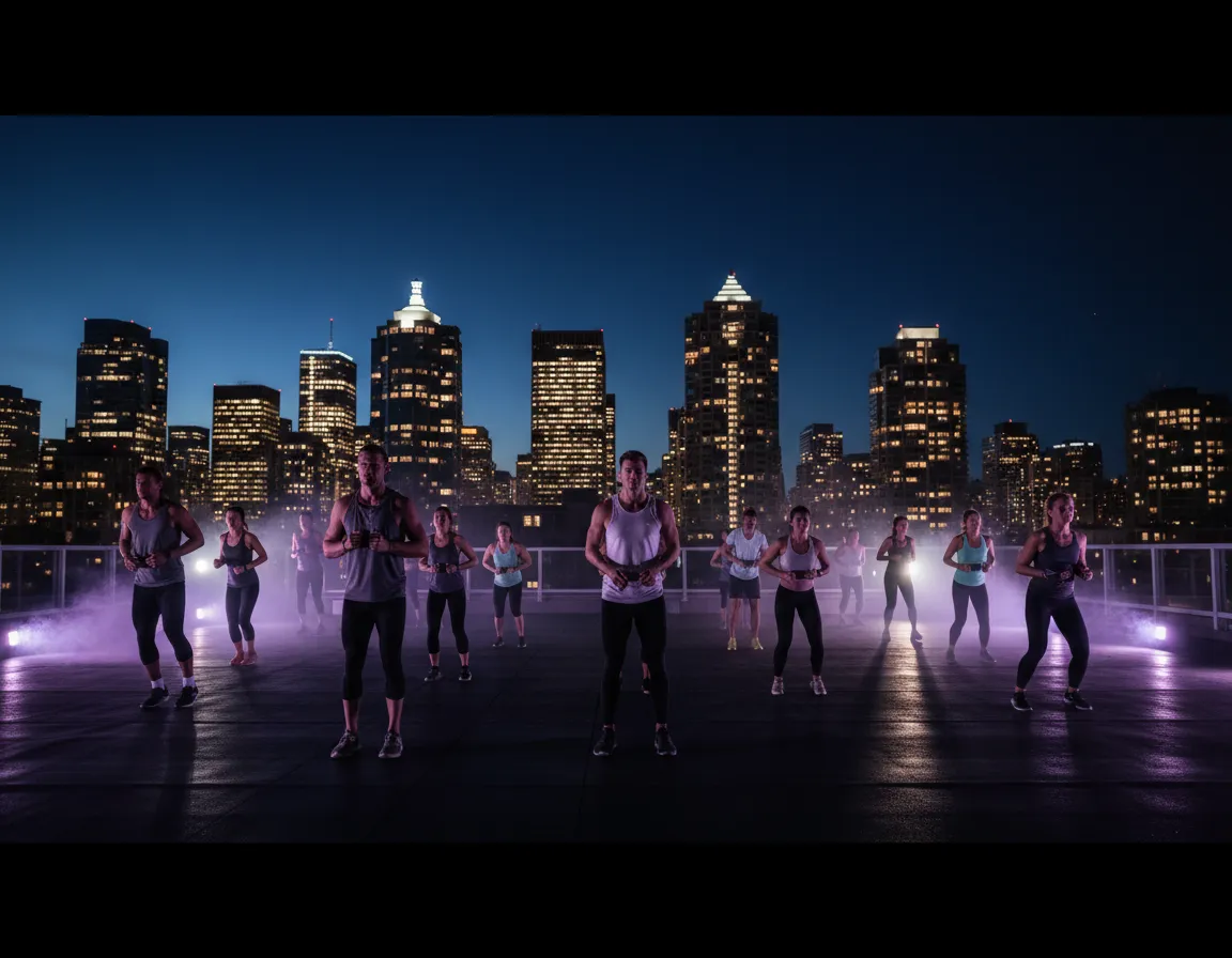 Outdoor rooftop fitness event at night