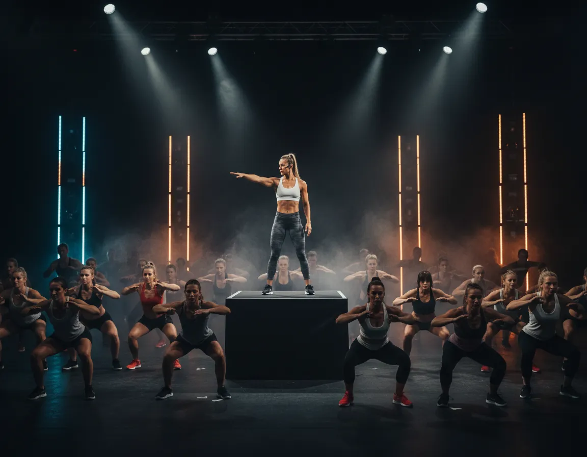 Stage instructor leading crowd from main platform