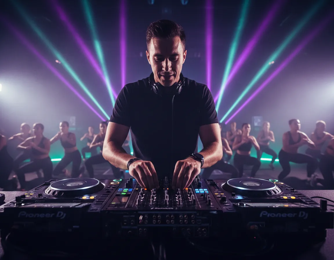 DJ performing on stage with crowd working out to the beat
