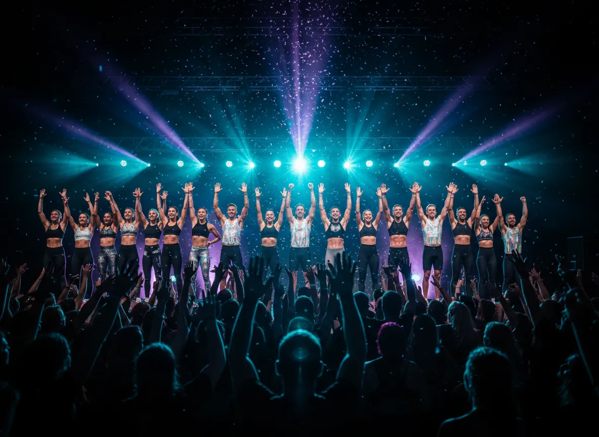 FitRave group celebrating after event with hands raised