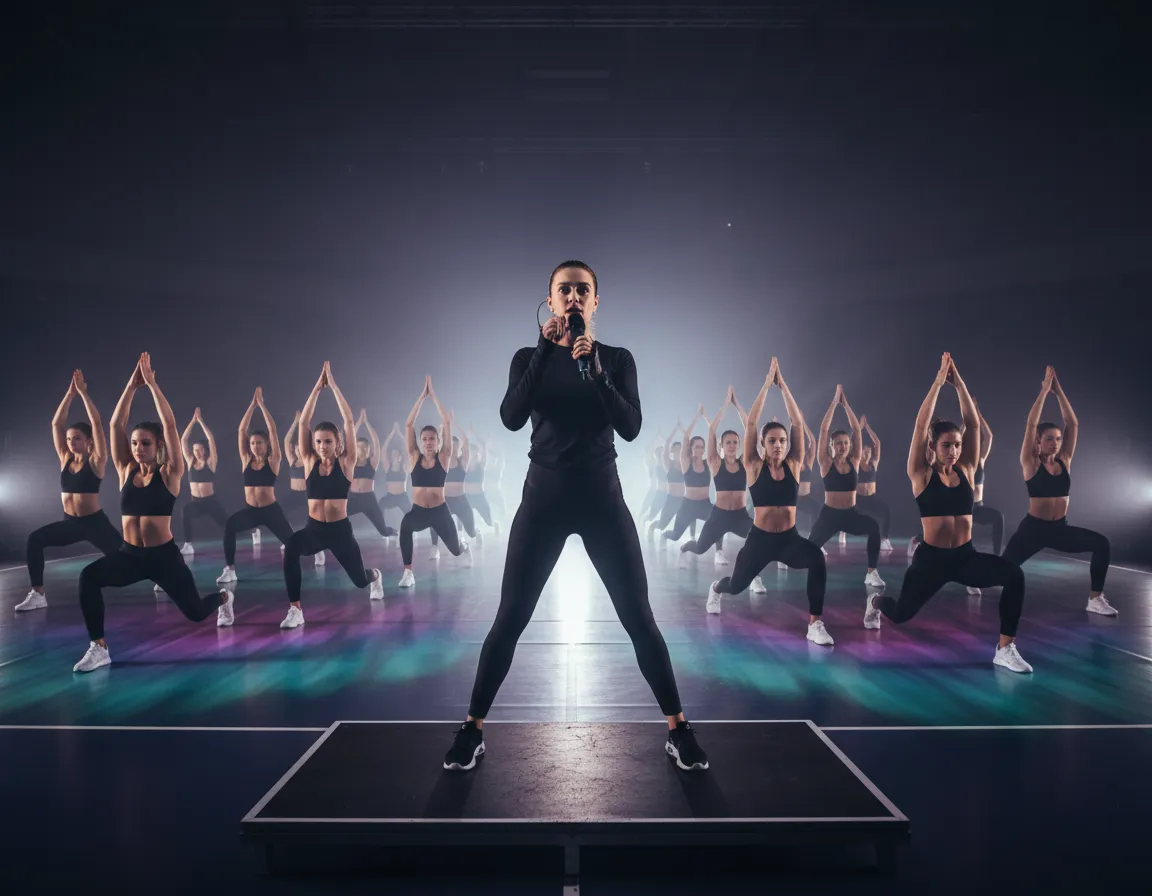 Instructor leading warmup with mic in hand