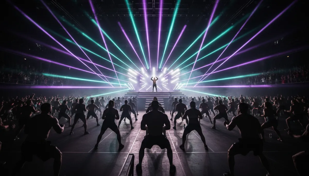 Instructor leading a large FitRave crowd in a dark venue with purple LED lighting