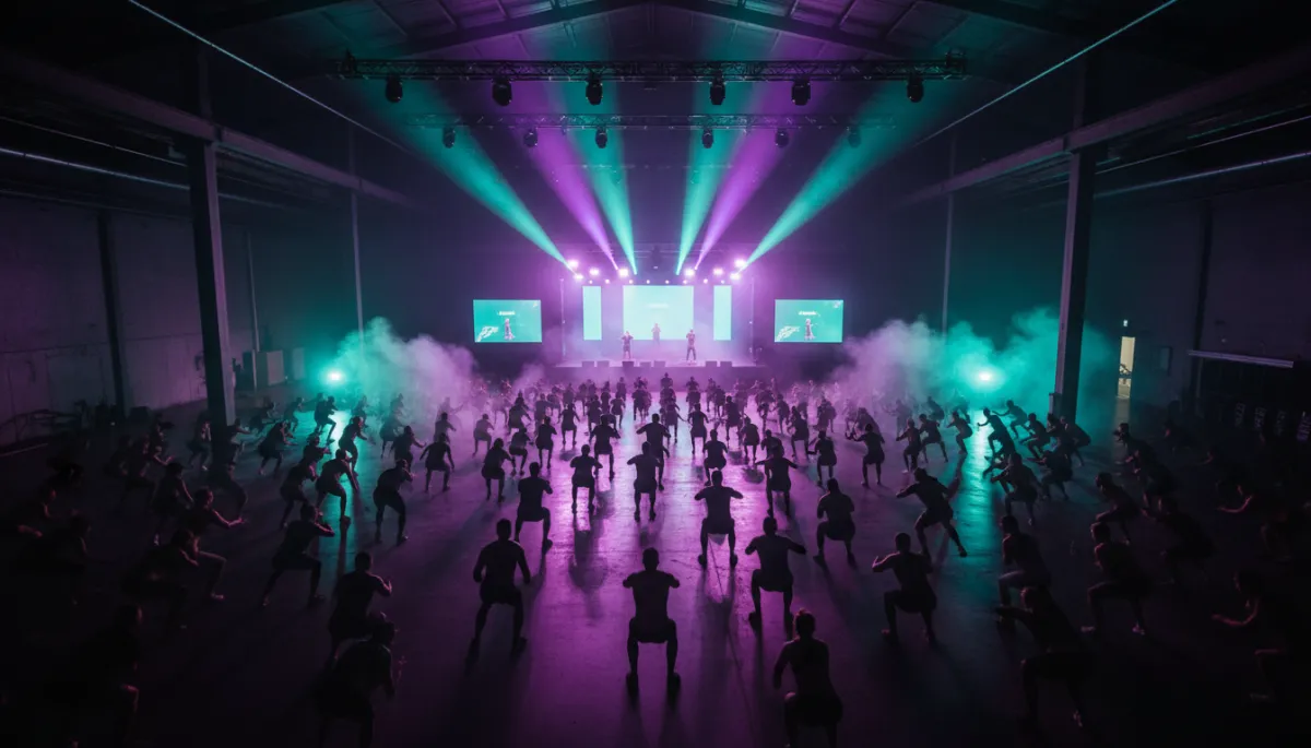 Wide crowd shot showing scale of FitRave event with purple lights and fog