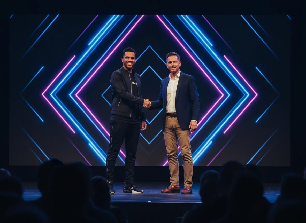 Brand representative shaking hands with FitRave team on stage