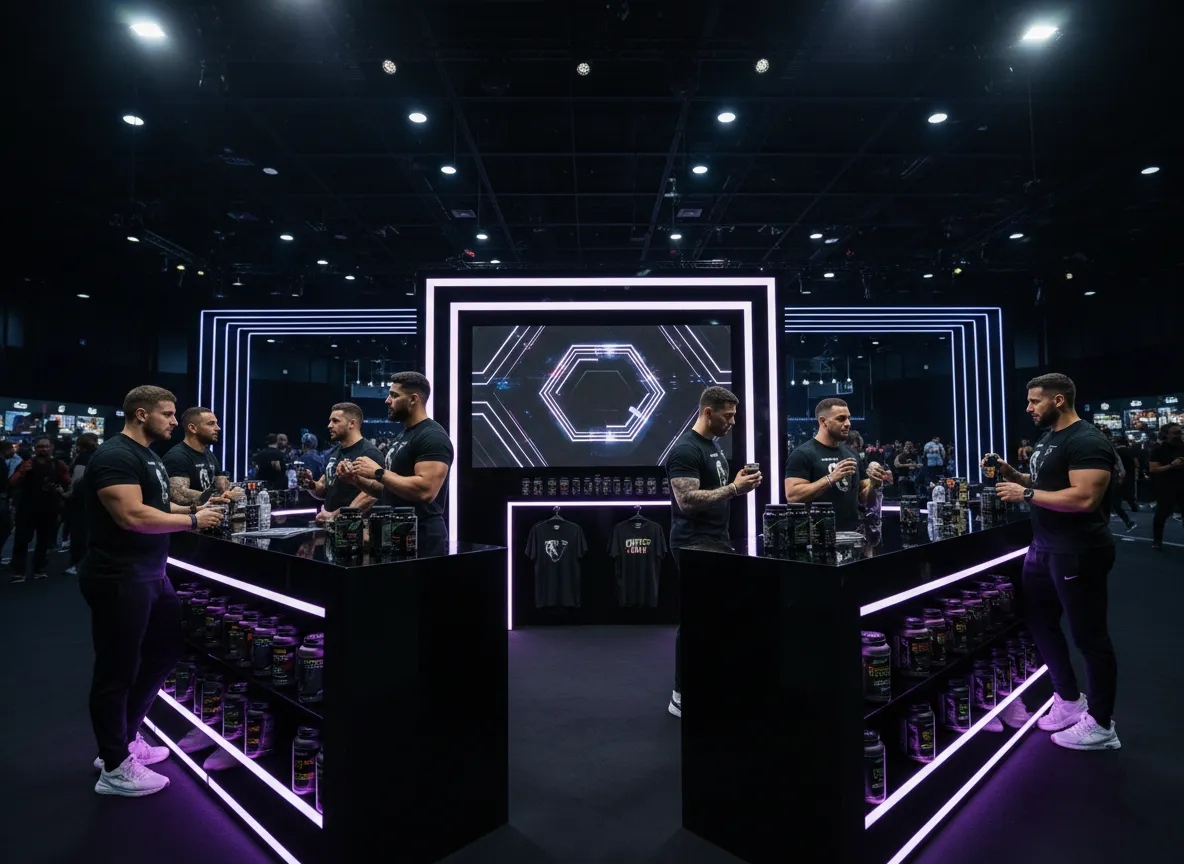 Brand activation booth at FitRave event with neon accents