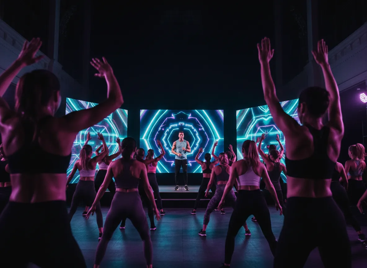 High-energy FitRave event with crowd and brand visuals