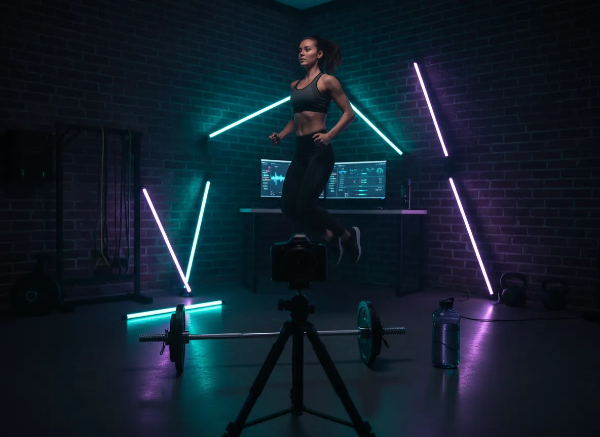 Creator filming fitness content with neon lighting