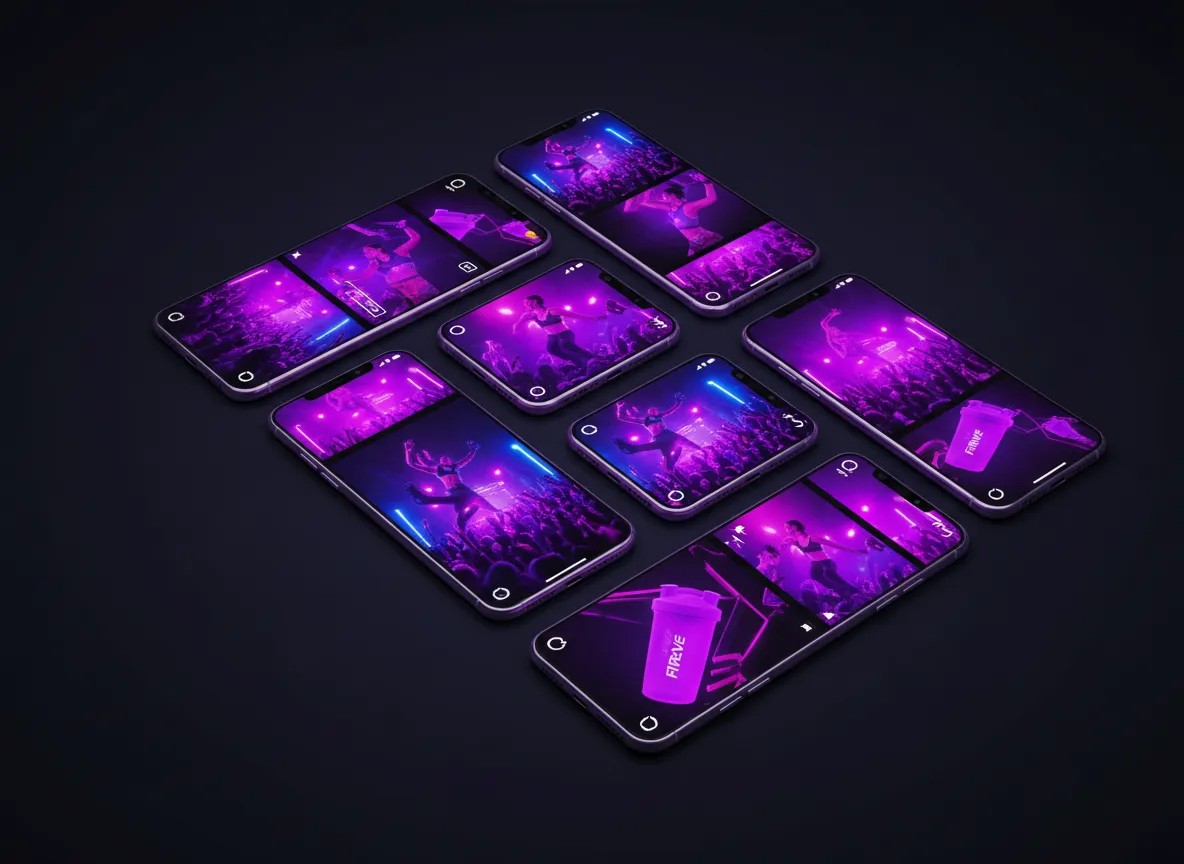 Social media style content grid featuring FitRave and sponsor brands