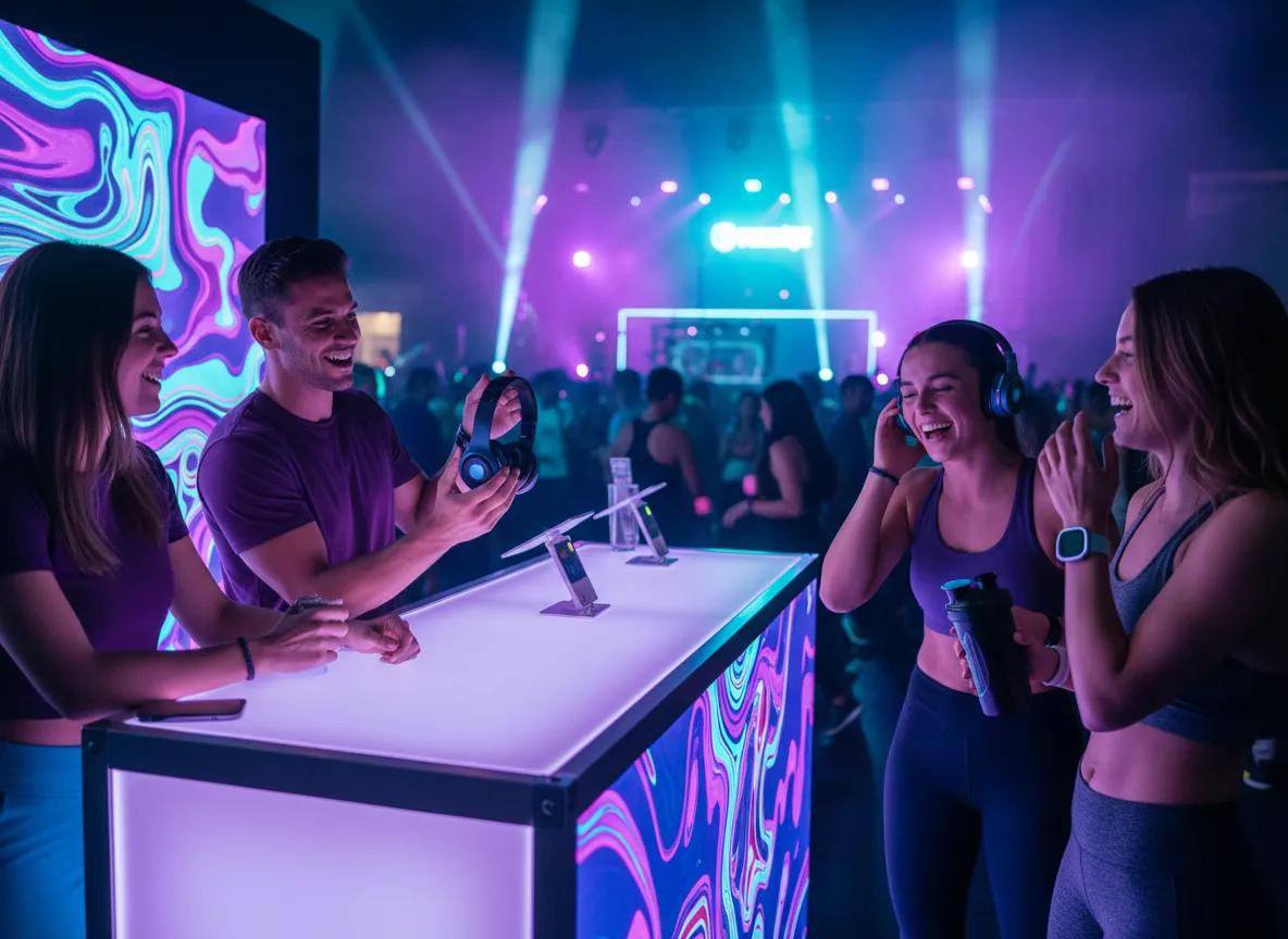 Brand booth activation with people interacting at FitRave
