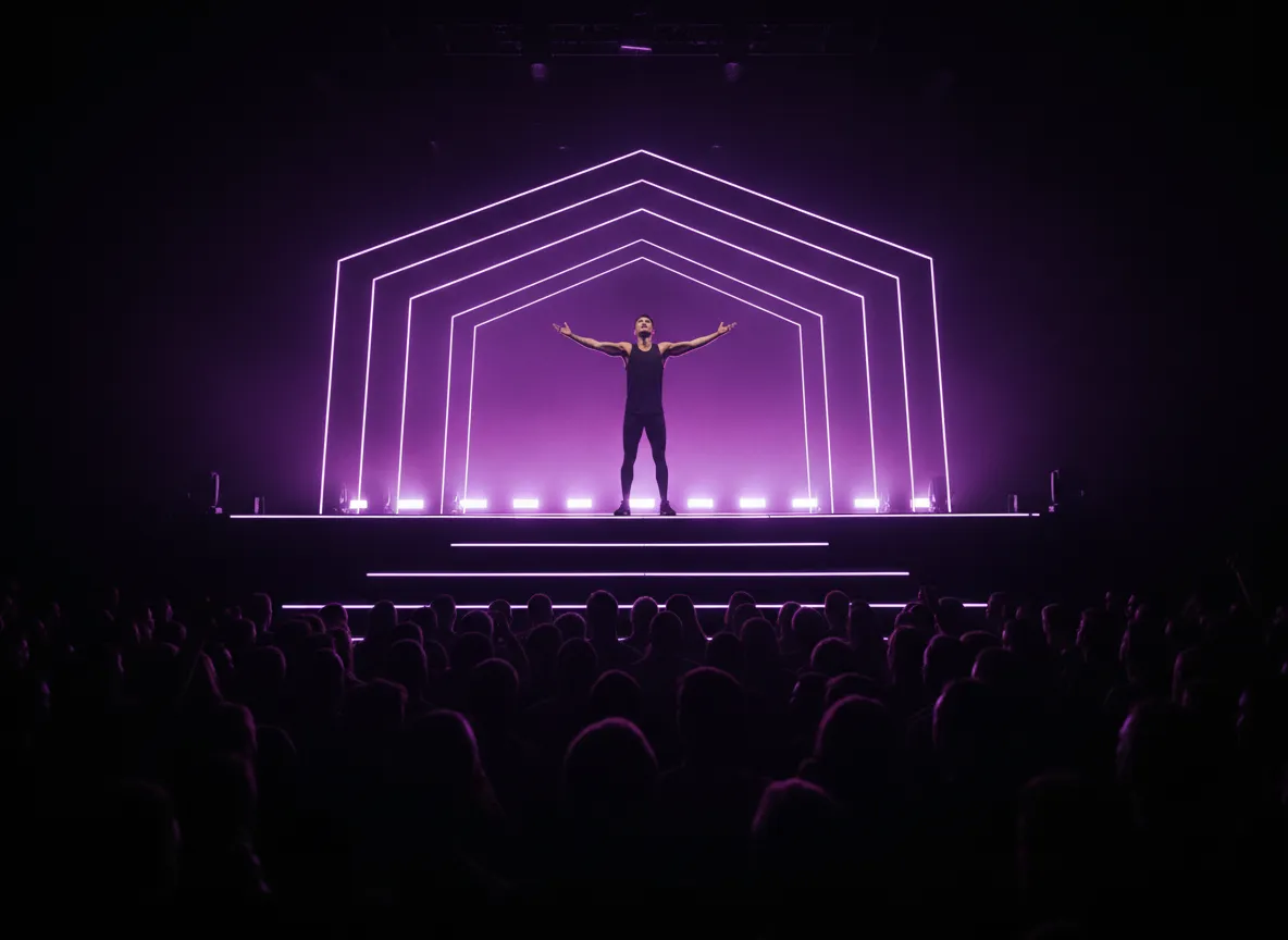 Instructor leading from the main stage in neon light