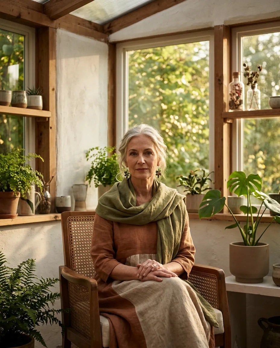 Calm editorial portrait of a woman in natural linen reflecting by serene warm light, embodying autonomic integration and peaceful living