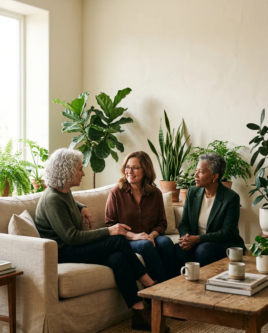 Women seated together in a bright botanical living room engaged in thoughtful, authentic conversation