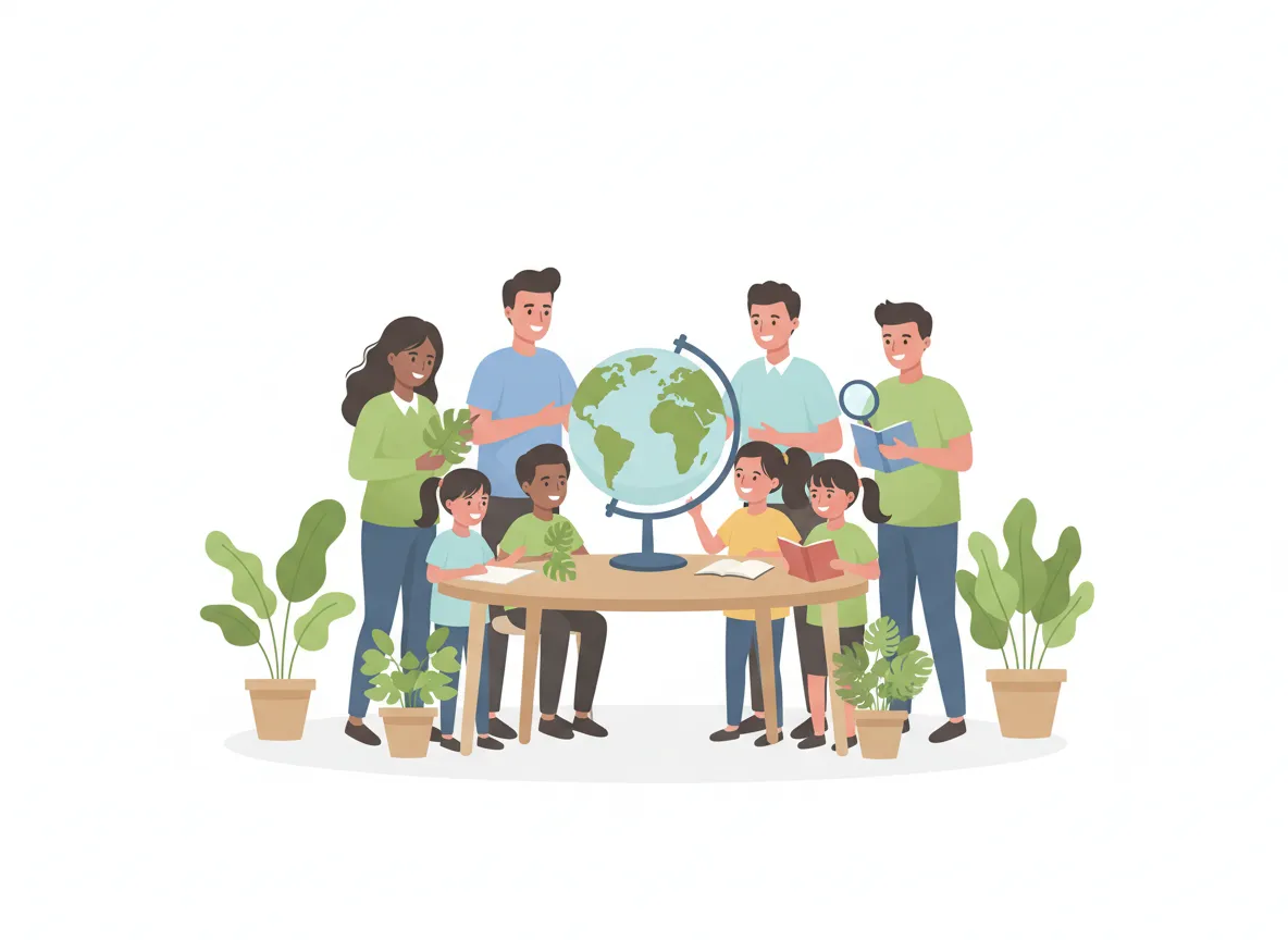 Playful illustration of people learning about sustainability during Earth Week Summit