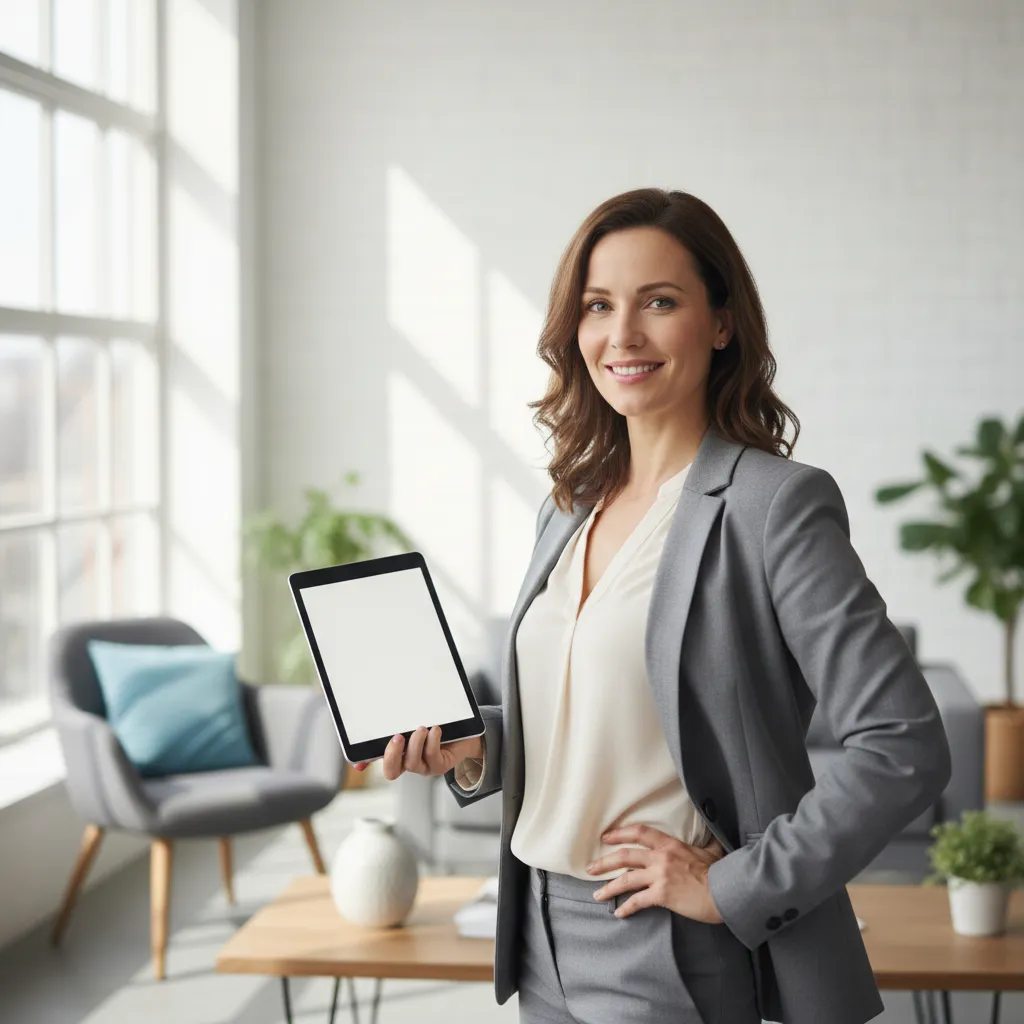 A confident woman in her 30s, small business owner, stands in a bright, modern workspace with a tablet in hand. She smiles, exuding calm and professionalism. The background shows a minimal office with soft natural light and subtle blue accents.