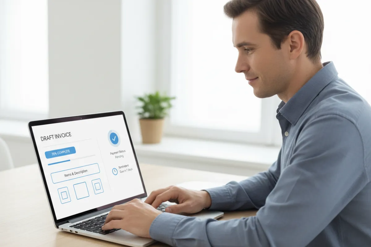 Modern dashboard showing a simple invoice creation screen with clean lines, blue accents, and a calm, uncluttered interface. A business owner reviews a draft invoice on a laptop, with payment status and reminders visible. Minimal, professional, and reassuring.