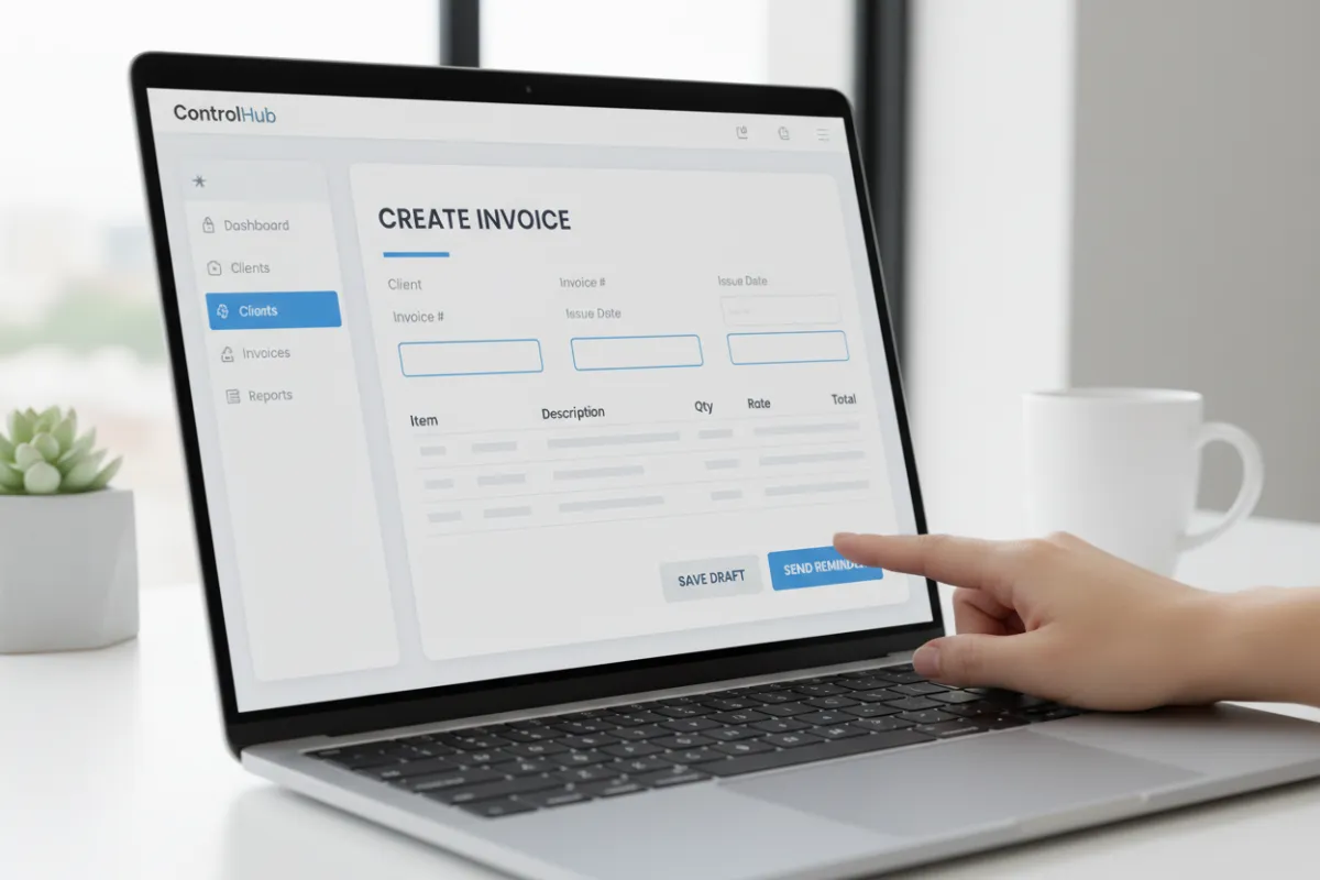 A laptop screen displays a live demo of the ControlHub invoicing tool, showing a sample invoice being created. The interface is clean, with blue highlights and clear fields. A hand hovers over the 'Send Reminder' button. The setting is bright and modern.