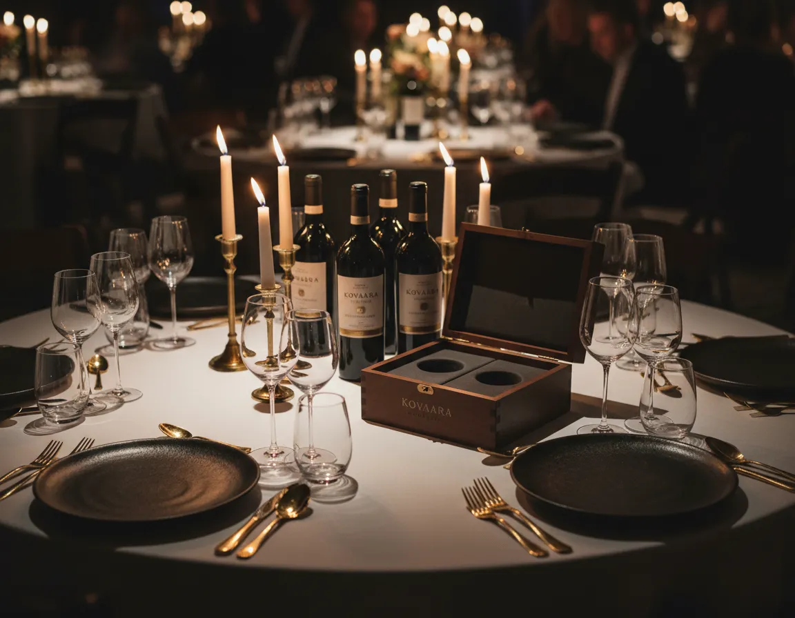 Luxurious power dinner table setting with Kovaara wines