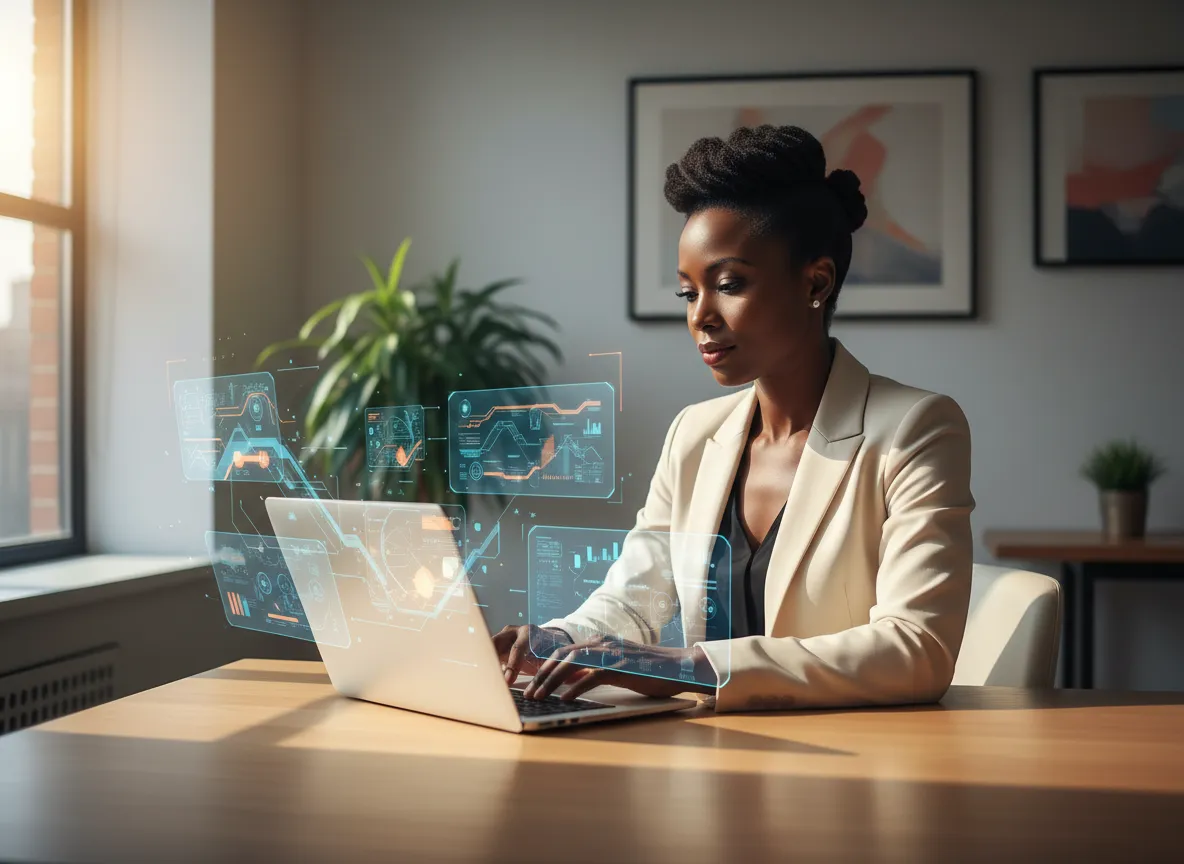 Woman using AI tools on a laptop to build and optimize a website