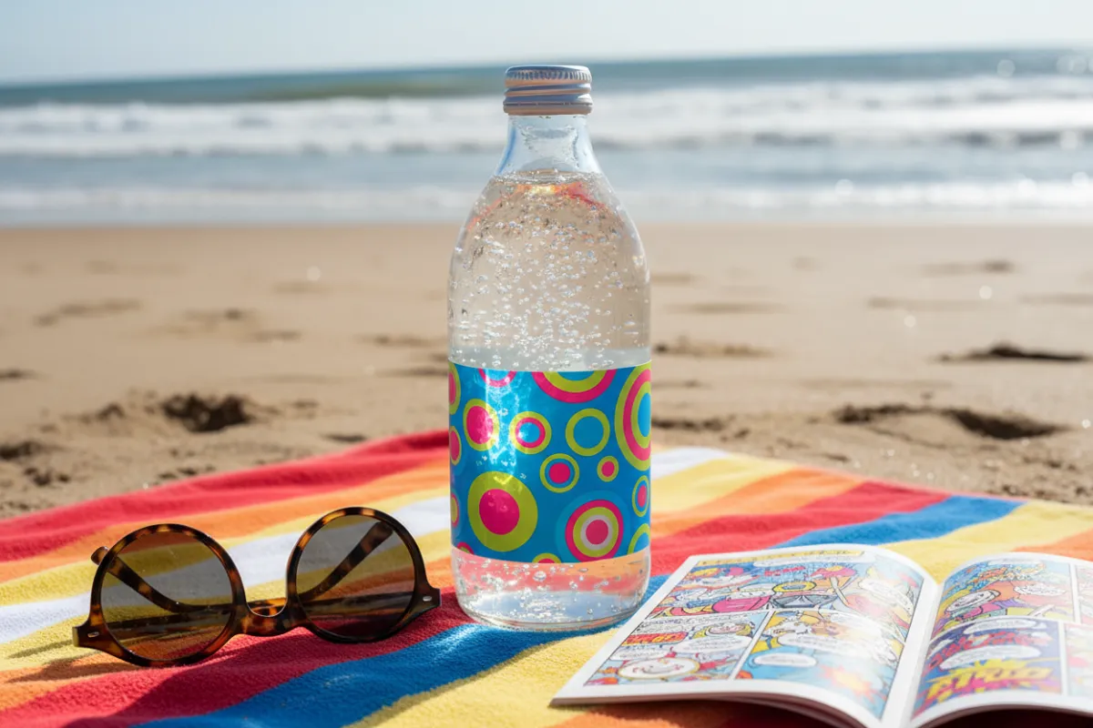 Fizzy Bubble bottle on a sandy beach towel, surrounded by sunglasses and a comic book, with a playful, sunlit summer atmosphere. The bottle is upright, label visible, and bubbles glimmer in the sunlight.