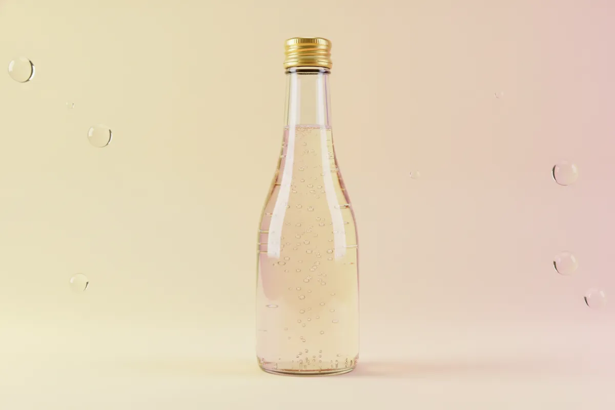 3D bowling-pin-shaped Fizzy Bubble bottle with gold cap, light yellow-pink liquid, and bubbles, on a pastel yellow-pink gradient background. Label reads 'FIZZY Bubble' in bold red and blue. Bubbles float around the bottle.