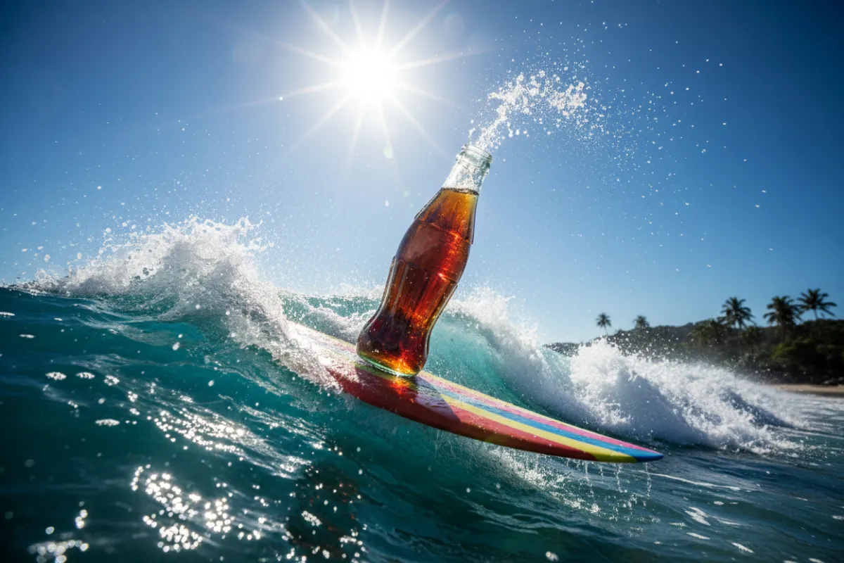 A Fizzy Bubble bottle is balanced on a surfboard at the beach, surrounded by splashing waves and a bright sun overhead. The scene is playful, dynamic, and evokes a cinematic summer adventure.