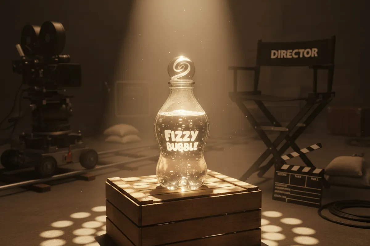 A Fizzy Bubble bottle is placed on a movie set, with a director's chair and clapperboard in the background. A spotlight highlights the bottle, creating a lively, fun, and behind-the-scenes cinematic mood.