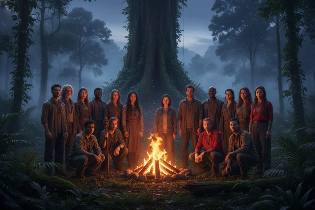 A diverse group of leaders standing in a lush Amazon clearing, firelight illuminating their faces, surrounded by towering trees and mist, exuding unity and empowerment.