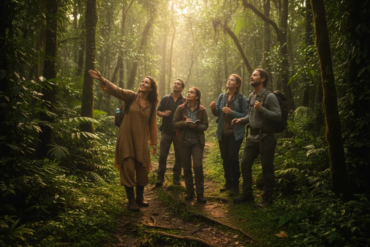 A coach guiding participants across a mossy jungle path, sunlight filtering through dense foliage, with vibrant green textures and a sense of adventure and discovery.