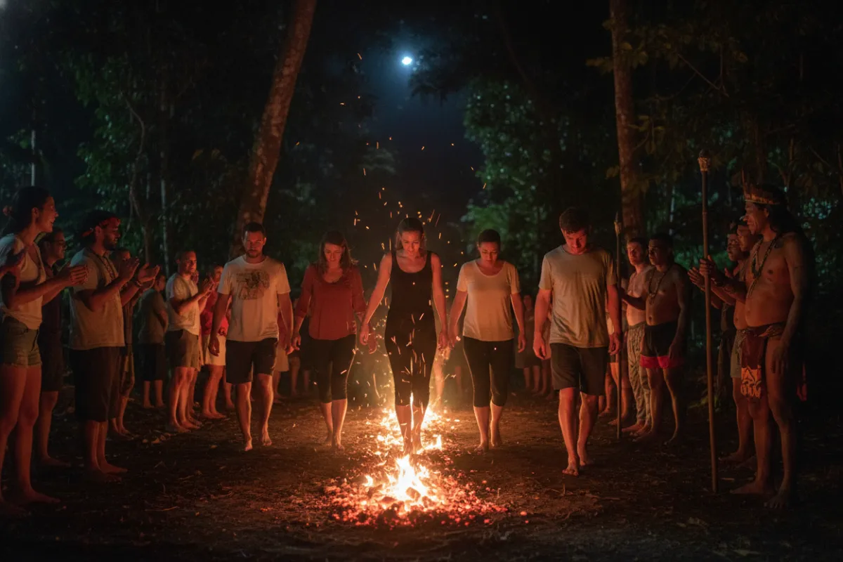 A group of participants, mid-stride, walk barefoot across glowing embers at night, surrounded by supportive peers and Amazonian guides, with sparks and jungle shadows.