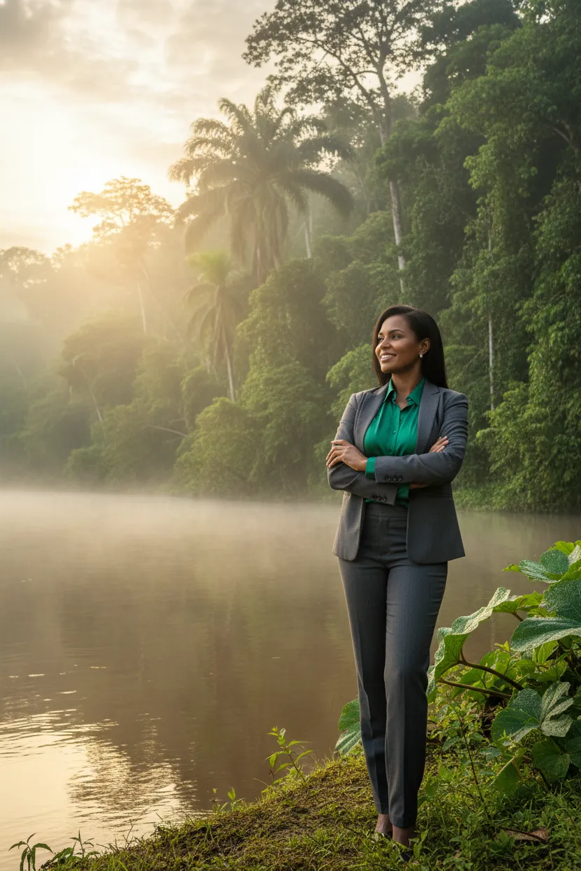 A confident woman of color in business attire stands at the edge of a riverbank, Amazon jungle behind her, exuding strength and vision, with soft morning light and mist.
