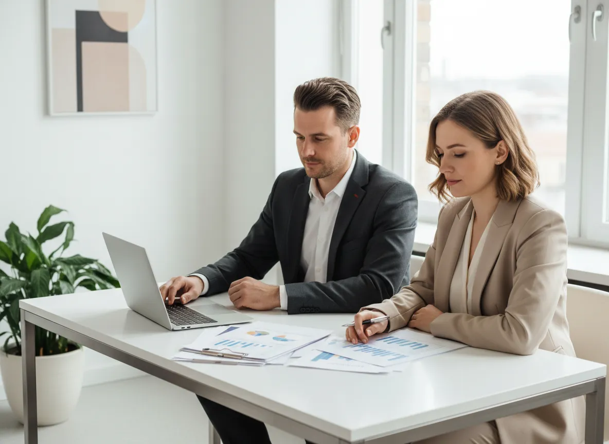 Business owners reviewing structured financial documents on a laptop