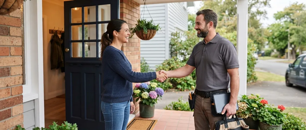 Friendly local home technician with toolbox greeting smiling homeowner at door