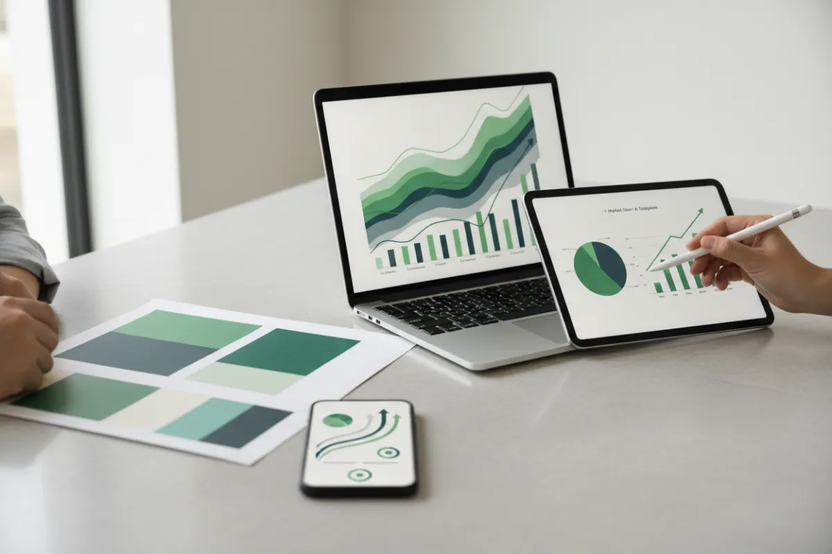 Professional image representing marketing strategy, branding, digital growth, and business collaboration with complementary brand palette accents (#A8CE45, #05A759).