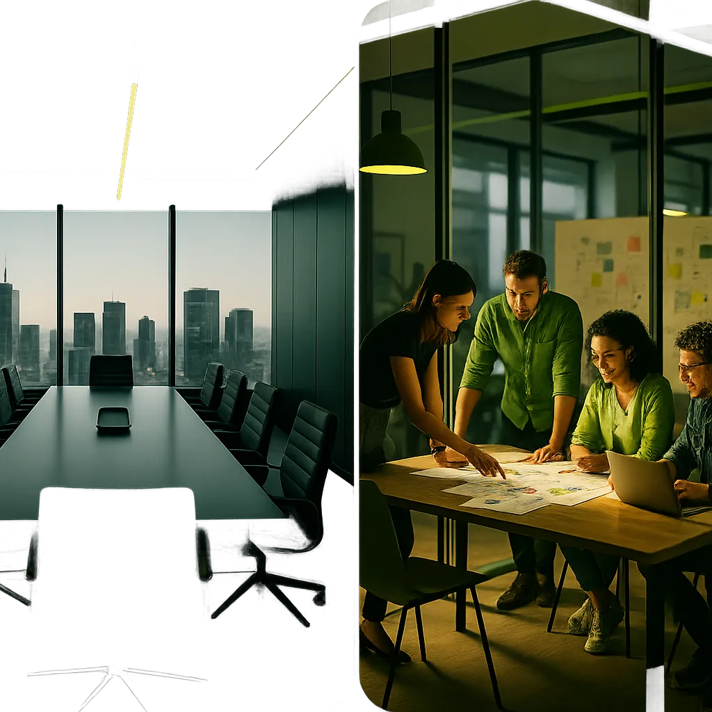 Composite image showing established corporate and agile startup environments