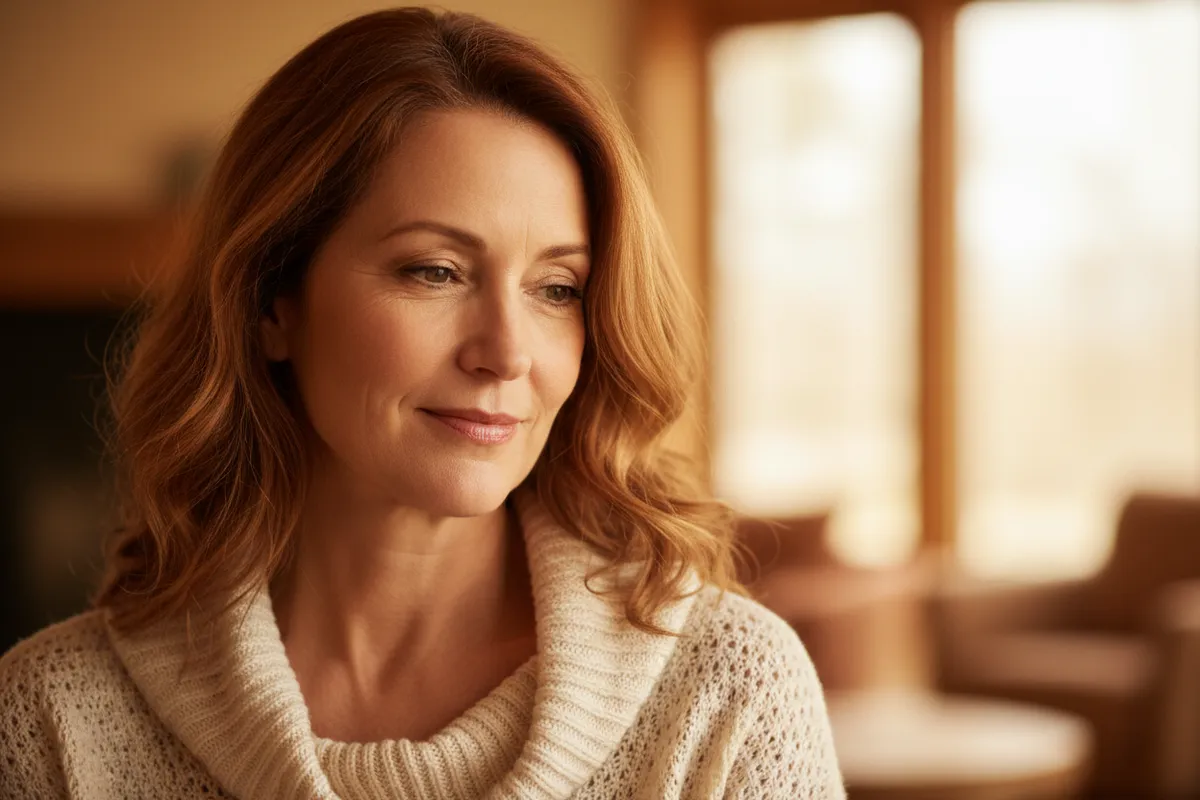 Portrait of a woman in her 50s reflecting on her next chapter; warm, soft tones; contemplative expression; simple unobtrusive background