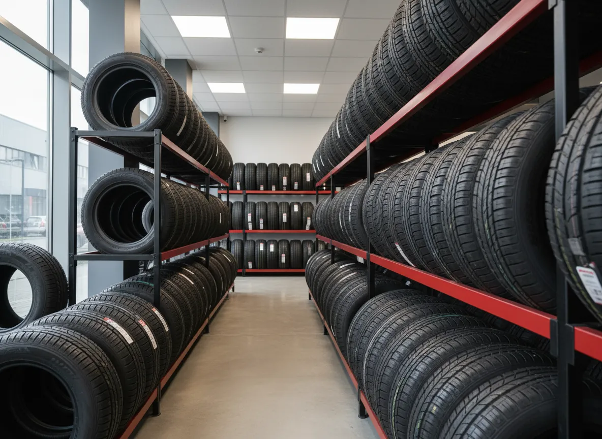 New tires neatly stacked in a tire shop