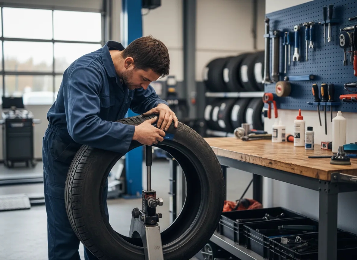 Mechanic performing tire repair