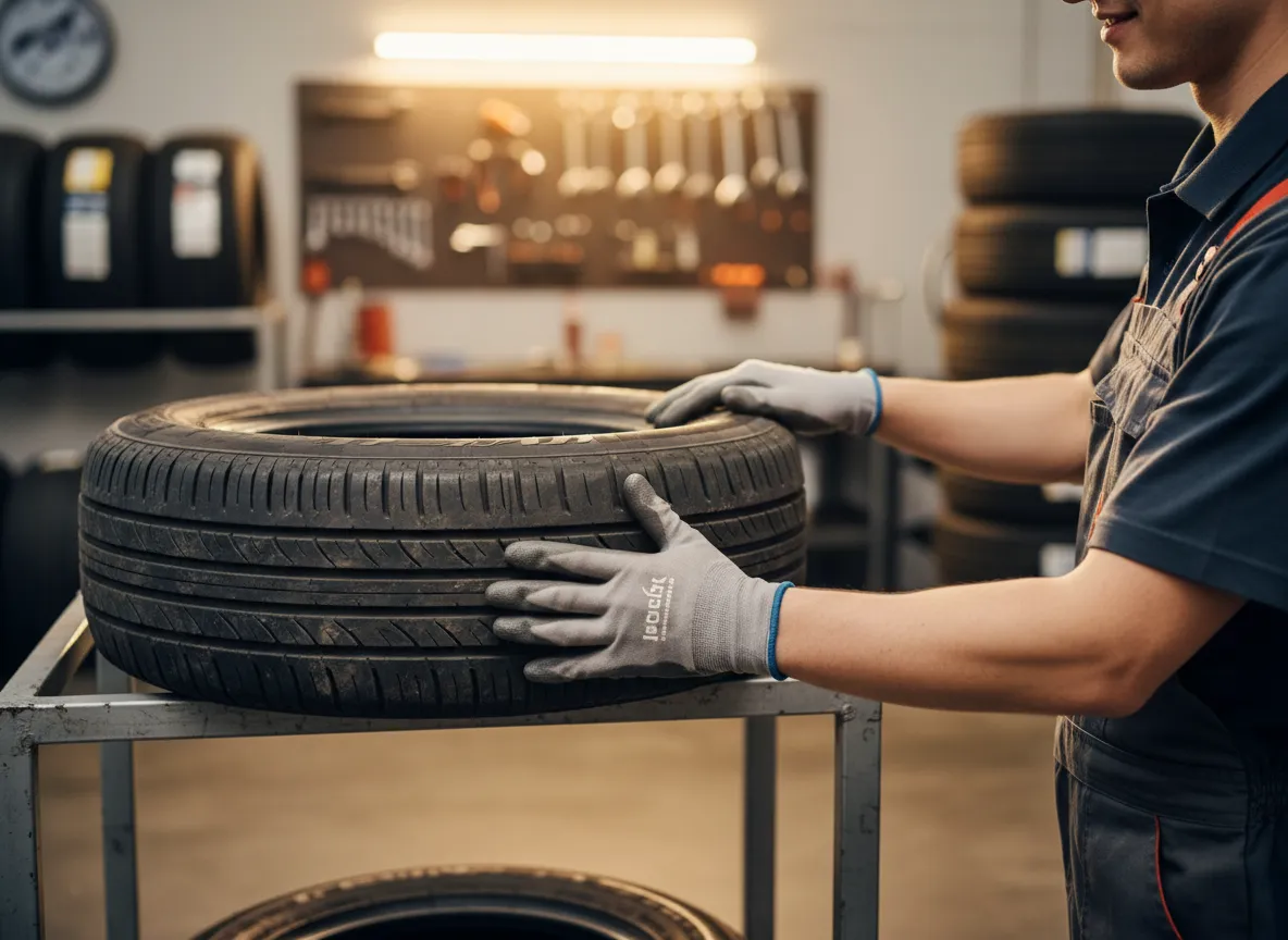 Technician inspecting used tires