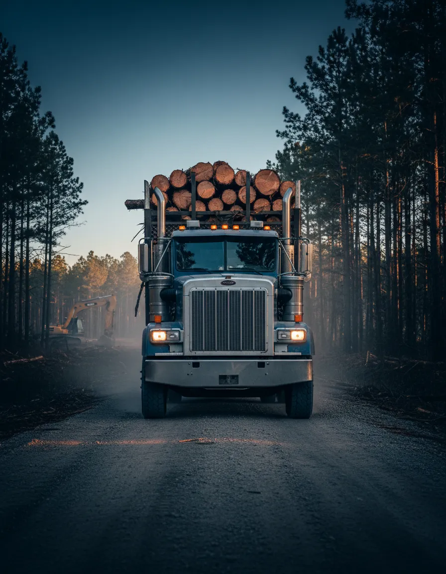 Commercial logging truck driving on a rugged East Texas timber road
