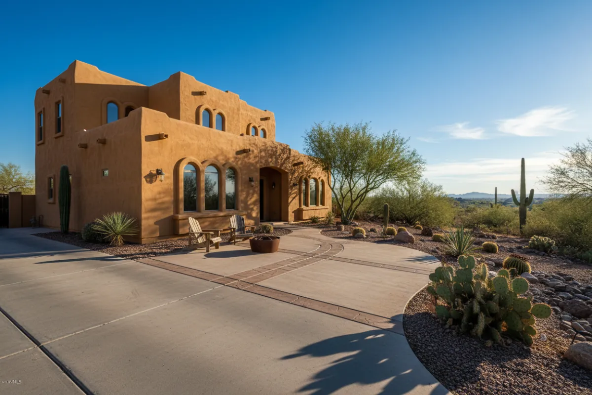 Photoreal image of a Southwest-style stucco home in Tempe, Arizona with desert landscaping and a visible concrete driveway in warm light