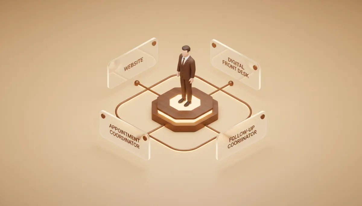 Launch360 system diagram showing Website, Phone, Chat, Appointments, and Automation connected to a central hub with glowing bronze lines, isometric UI cards